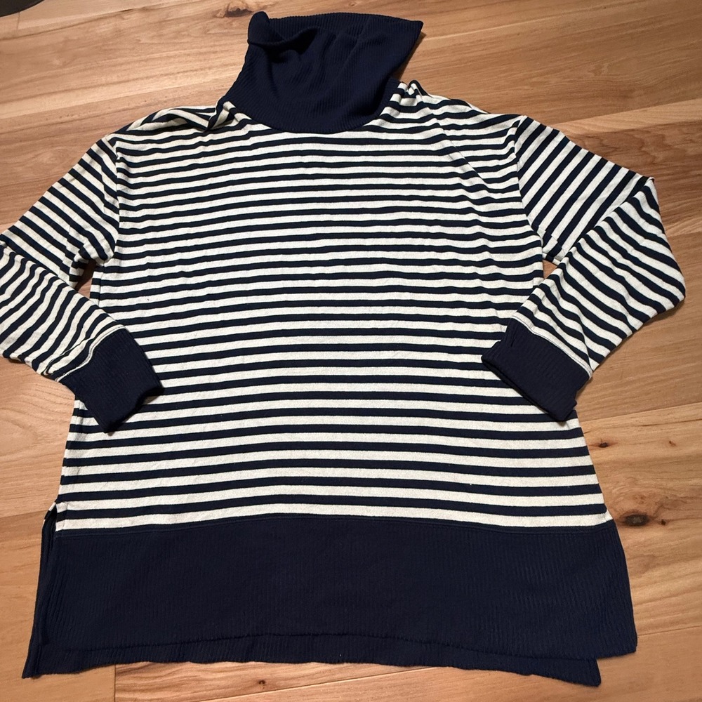 Gap Cowl Neck Sweater Womens Large Navy Blue White Striped Split Hem Nautical